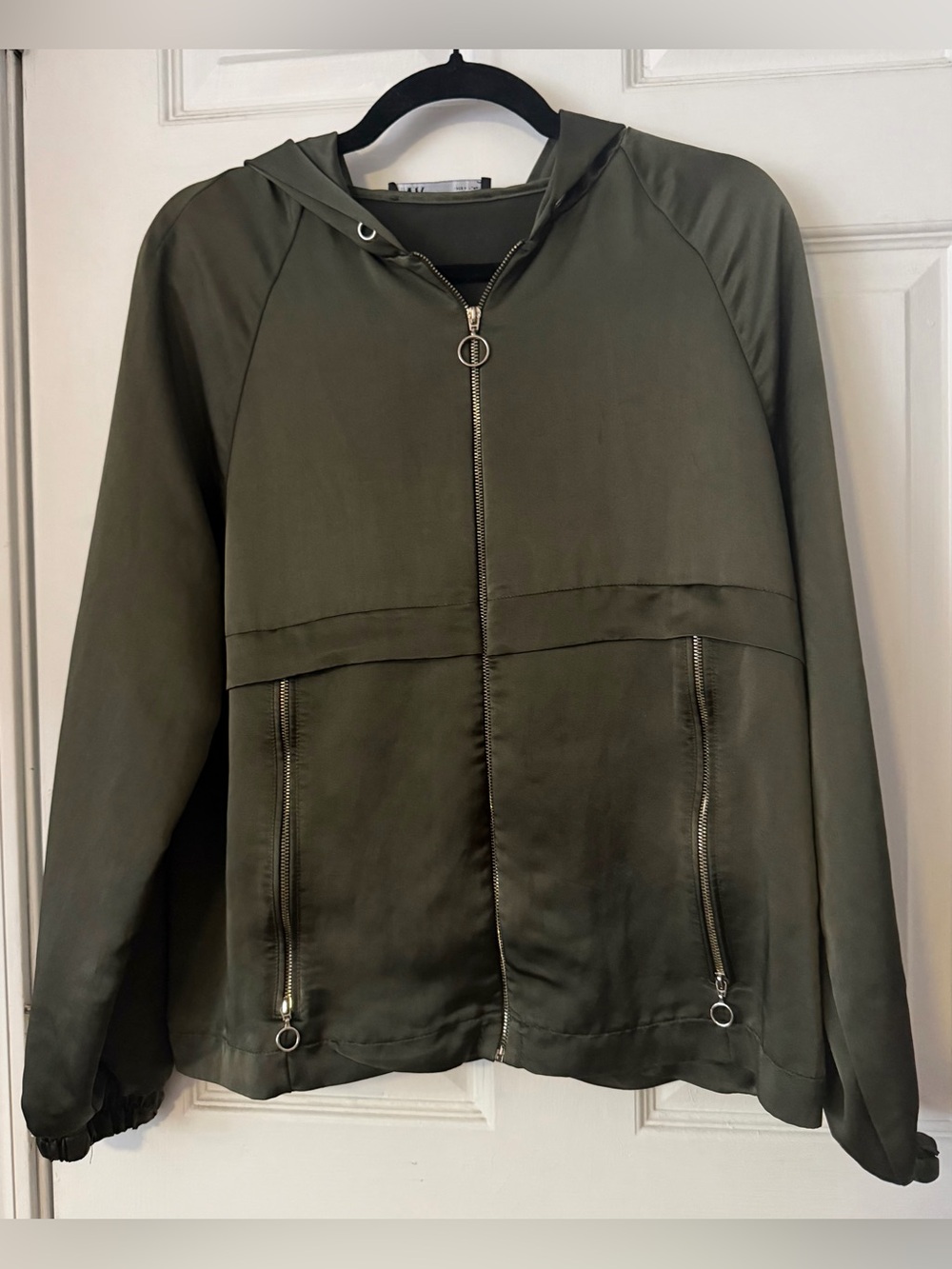 Zara Olive Green Satin Hooded Utility Jacket Size M